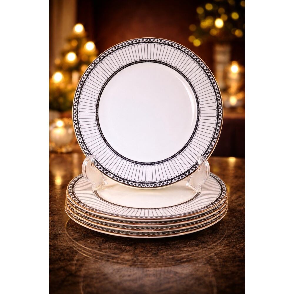 WEDGWOOD Colonnade Black Gold DINNER PLATES 10.5” Set Of 4 Bone China England